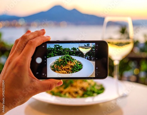 Nudelgericht welches mit einem Smartphone fotografiert wird