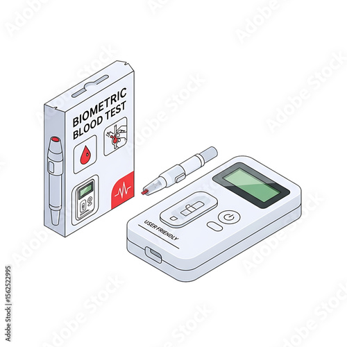 Blood pressure monitor with cuff and digital display.