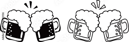 ビールで乾杯のの白黒ベクターイラストセット