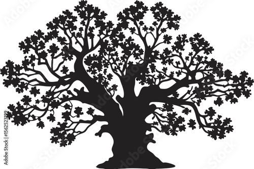 Majestic ancient oak tree silhouette with a sprawling canopy of leaves against a stark black background