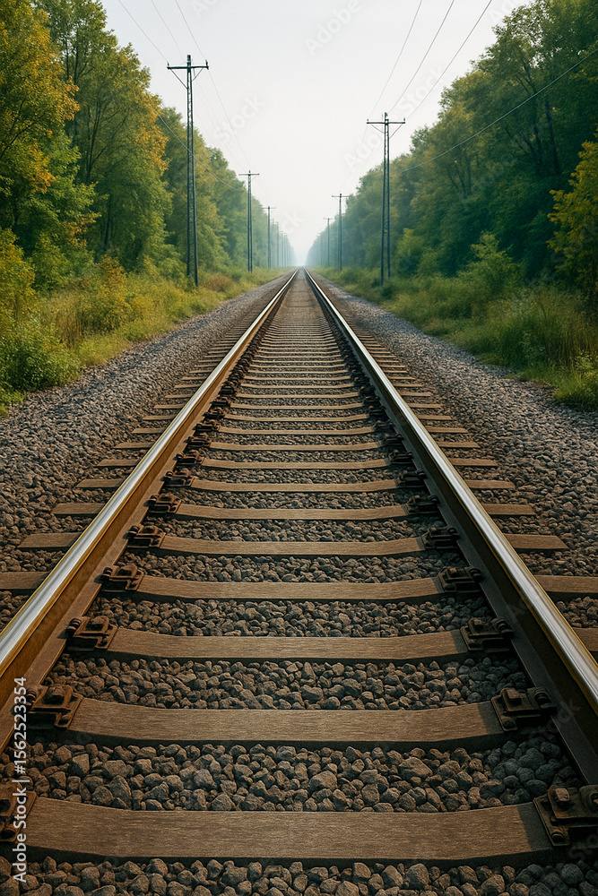 Fototapeta premium Straight Railway Tracks Through Lush Forest Perspective
