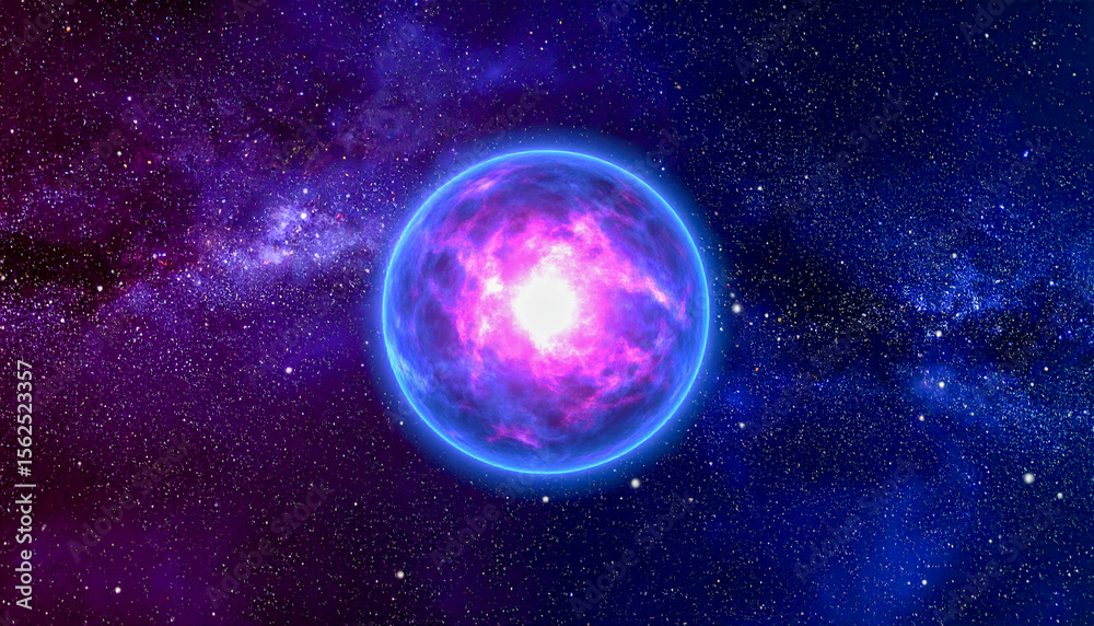 Fototapeta premium Bright Pink and Blue Sci-Fi Planet with Nebula Background