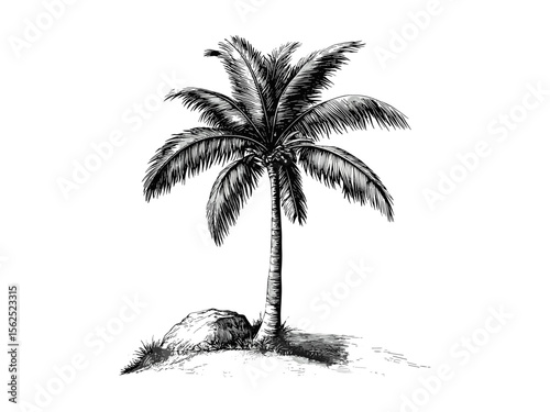 Hand-drawn vintage botanical illustration, engraving of palm tree leaves, tropical tree branches, rustic decor, eco-friendly nature print, black sketch, old engraving style, trendy wall art,