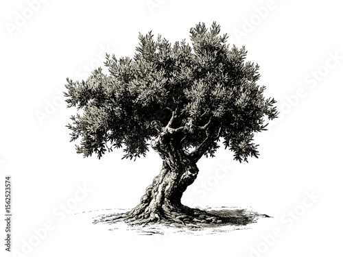 Olive tree bark engraving, hand-drawn vintage botanical illustration, rustic Mediterranean tree art, eco-friendly nature sketch, black engraving style, vintage wall decor, trendy natural print