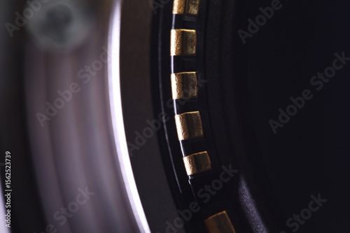 Copper connectors in macro, lens connection, technology in detail