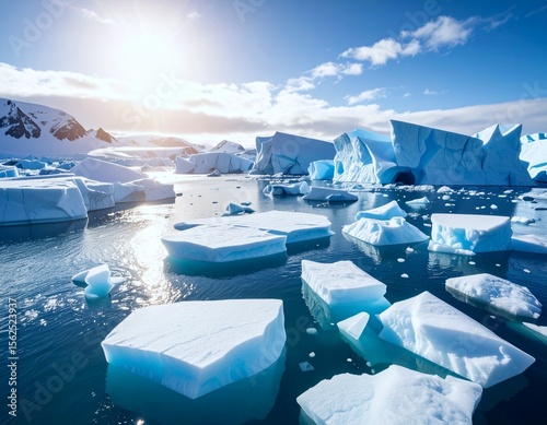 Viele abgebrochene Eisberge schwimmen im Polarmeer