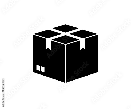 Isometric view of a sealed cardboard box with flaps and two small squares on the side panel