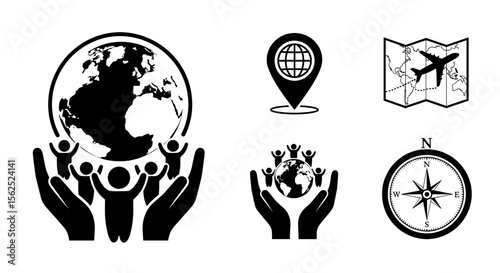 Illustrative travel icons depicting global support, location, planning and direction for journeys