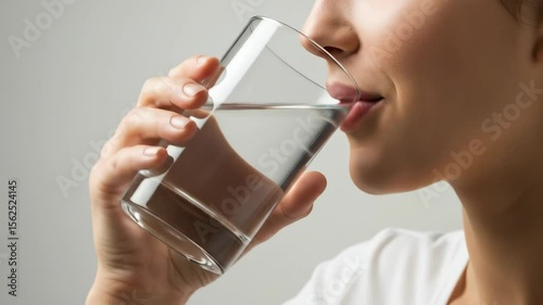 Young caucasian woman is drinking fresh clean water from glass. Hydration and healthy lifetyle concept close up video footage.