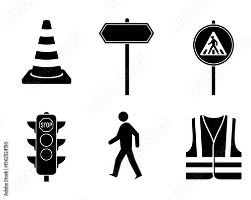 Collection of traffic safety elements including cone, sign, crosswalk, lights and vest symbols