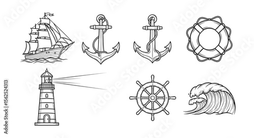 Outlined nautical elements featuring a ship, anchors, life preserver, and lighthouse drawing design