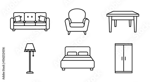 Outlined furniture icons featuring a sofa chair table lamp bed and wardrobe in a linear style design