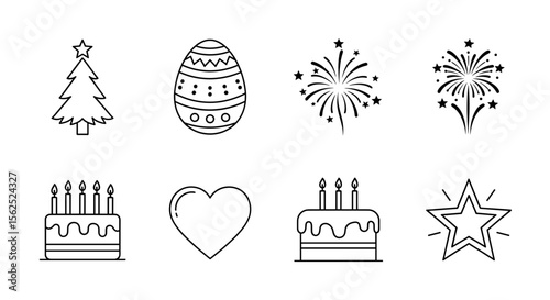 Outline drawings of christmas tree easter egg fireworks cakes heart and star holiday celebration icons