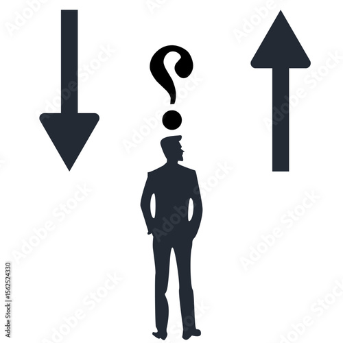 Illustration of thinking about options: A person contemplating between two different directions on a white background