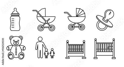 Assortment of baby related outline icons including bottle, strollers, crib, and teddy bear image