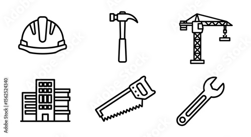 Outlined construction icons featuring a helmet, hammer, crane, building, saw, and wrench tools