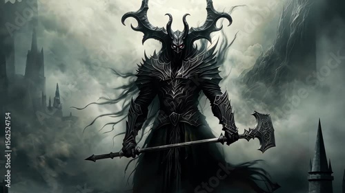 Horned Shadow of Legend: An imposing dark warrior stands amidst a brooding landscape, his horned silhouette and ancient hammer hinting at tales of epic battles and mythical realms.