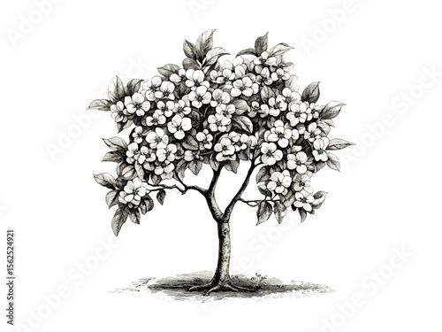 Vintage pear tree engraving, hand-drawn botanical sketch, pear blossoms, eco-friendly print, rustic orchard decor, black ink tree art, old engraving style, nature-inspired wall art