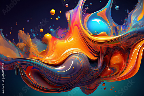 Abstract Panoramic Banner of a Dynamic Liquid Art Flow, Vibrant 3D Background with a Mix of Orange and Blue Colors