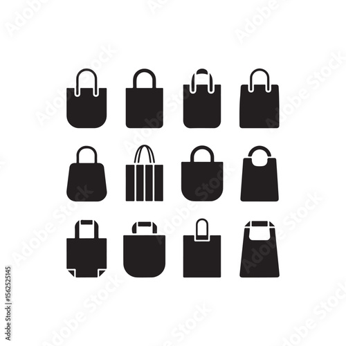 Variety of Tote Bags and Shopping Bags Silhouettes.This image features a collection of various tote bag and shopping bag silhouettes in a simple, clean design.