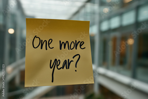 Post-it with words “One more year?” on a glass wall