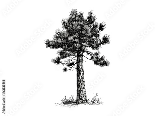Engraving of Pine Tree Trunk, vintage botanical sketch, hand-drawn pine bark, evergreen forest, eco-friendly decor, retro woodland art, black ink illustration, forest wall print