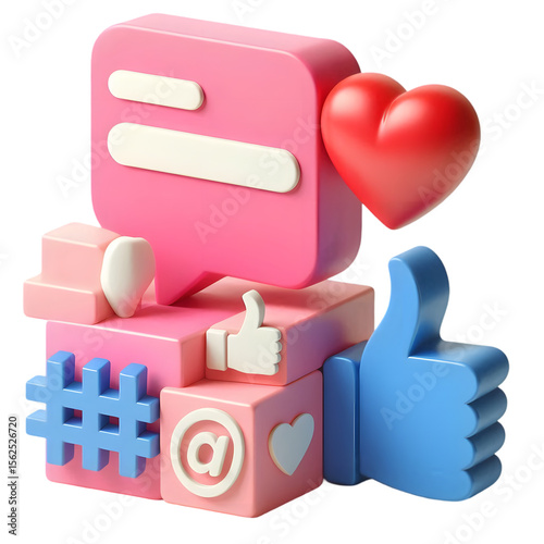 3d social media icons like heart thumbs up message hashtag and at symbol isolated on transparent background