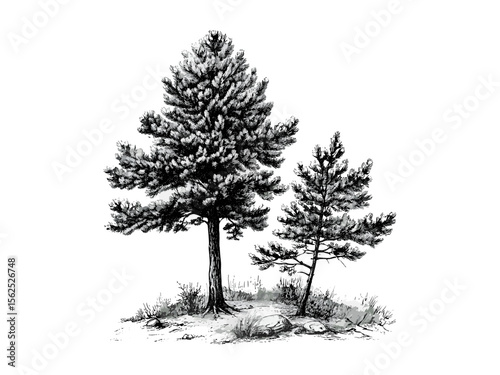Hand-drawn vintage botanical illustration, pine tree engraving, rustic woodland decor, pine needles sketch, eco-friendly nature art, black ink tree print, old engraving style, forest design