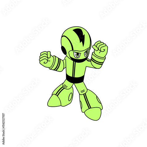 Energetic lime green robot character in a dynamic pose.