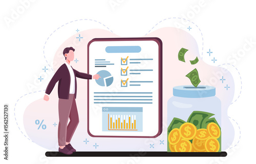 Analysis financial activities. Man near statistics and banks with banknotes and coins. Financial literacy and income and expense assessment. Investor or entrepreneur. Flat vector illustration