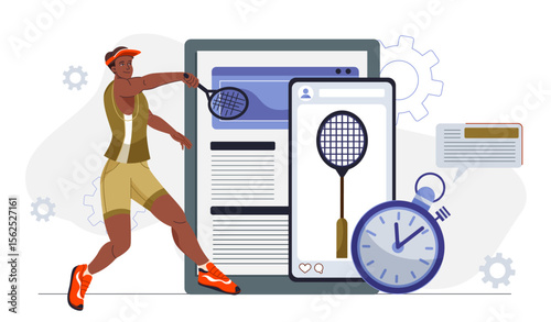 Woman plays badminton. Young girl with racket hits ball. Active lifestyle and sport. Competition and tournament. Fitness and training, exercises. Flat vector illustration