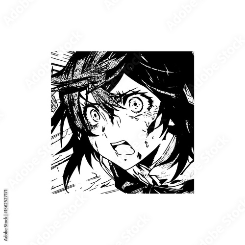 Anime Girl in Intense Distress, Close-up Black and White Portrait