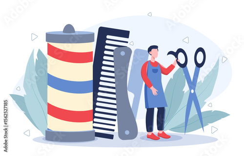 Barber concept. Man near large scissors and combs. Beauty procedures, aesthetics and elegance. Hairdresser in apron with equipment. Barbershop worker. Flat vector illustration