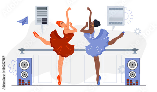 Two ballerinas dancing. Young girls in red and blue dress dancing. Active lifestyle and leisure, cultural rest. Ballet training in studio. Flat vector illustration