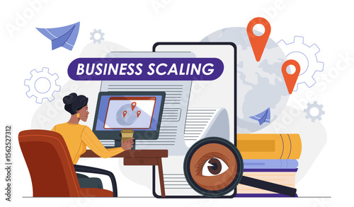 Business scaling concept. Businesswoman looking at world map. Globalization and international business processes. Company opens branches. Flat vector illustration