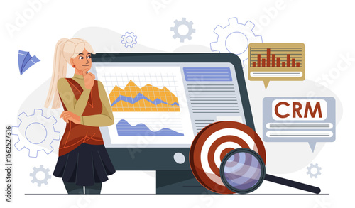 Business strategy crm. Businesswoman near magnifying glass, charts and graphs. Customer relationship management. Estimation of expenses and income. Business analyst. Flat vector illustration
