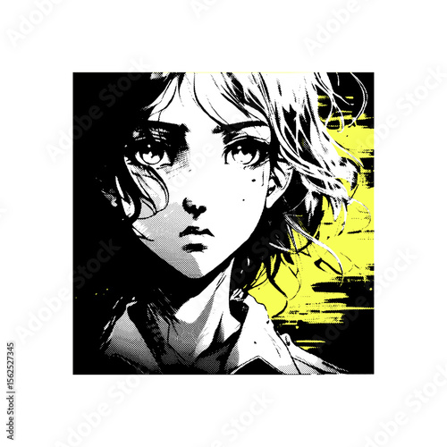 Pensive Anime Girl in Dramatic Black and White Style