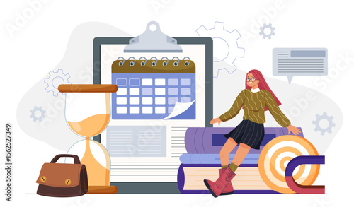 Business time management. Businesswoman near calendar, briefcase and hourglasses. Deadlines and tasks setting. Planning and organizing effective work process. Flat vector illustration