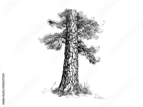 Pine tree trunk engraving, vintage botanical sketch, pine bark texture, evergreen tree art print, rustic wood decor, retro black sketch, old engraving style, eco-friendly wall art