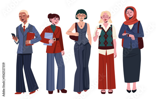 Set of business women. Pack of girls in formal clothes. Caucasian, asian and muslim businesswoman. Fashion, trend and style. Flat vector collection