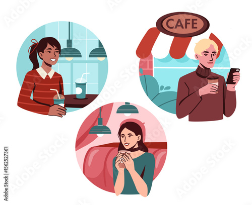 People in cafe set. Man and women with hot drinks in cafe. Aroma and beverage. Cappuccino, mocha and latte. Catering occupation. Flat vector collection