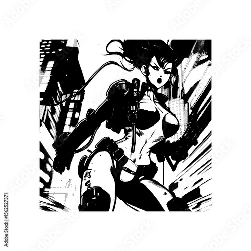 Powerful Anime Action Heroine in Black and White