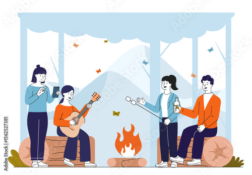 People camping concept. Men and women with guitar sit near fire and tent. Campsite with woods and logs. Active lifestyle and tourism. Hiking and camping. Linear vector illustration