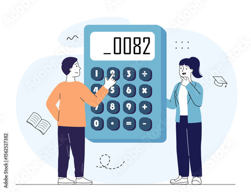 People with calculator. Man and woman calculating incomes or expenses. Financial literacy and accounting, budget planning. Mathematics and mathematical equations. Linear vector illustration