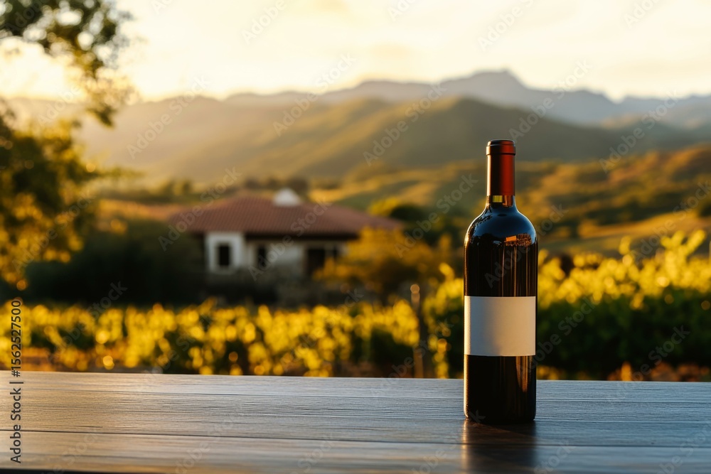 Fototapeta premium Wine bottle mockup on table with vineyard and Chilean landscape in background during golden sunset