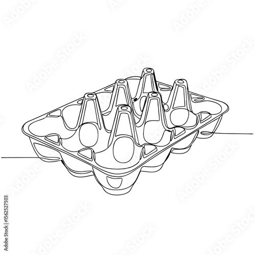 Half dozen clear plastic egg carton filled with four eggs and two empty spaces. Continuous one line art drawing for food and packaging concept. Vector illustration on isolated background for design