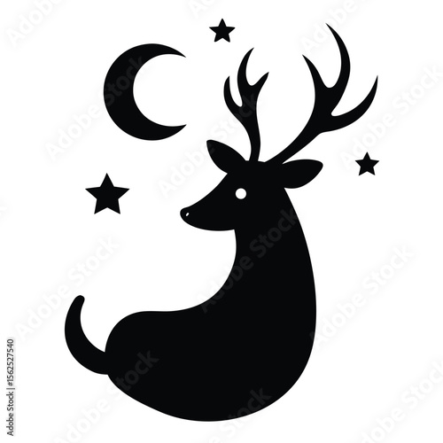  a deer sitting peacefully with crescent moons replacing its antlers, floating above its head on a white background