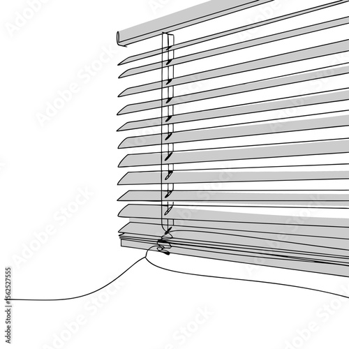 Simple perspective view of grey horizontal venetian blind with black outline on white background. Home decor. Vector illustration.