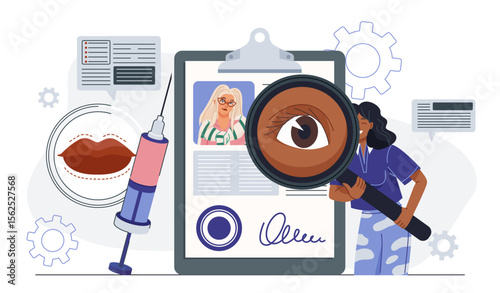 Cosmetologist online concept. Woman with magnifying glass assessing patients profile. Plastic surgeon with botox injection. Beauty treatment. Aesthetics and elegance. Flat vector illustration