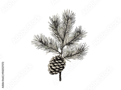 Vintage engraving of pinecone tree, hand-drawn pinecone branches, evergreen nature print, retro woodland art, black sketch, old engraving style, eco-friendly tree decor, rustic forest illustration